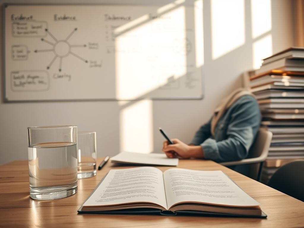 estudio luminoso con notas libros diagramas y una persona pensativa