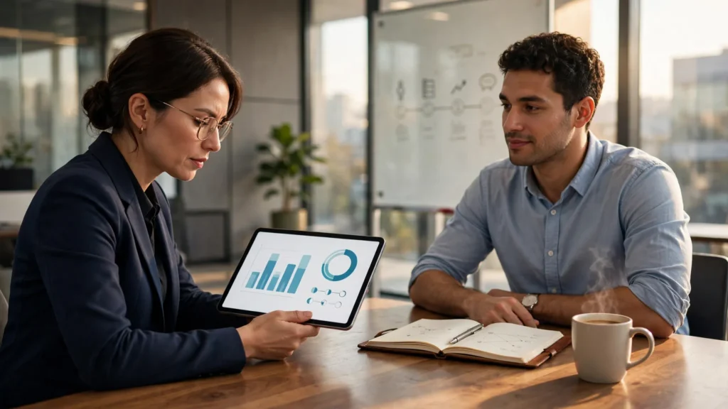 evaluador y empleado revisando metricas de desempeno en tableta