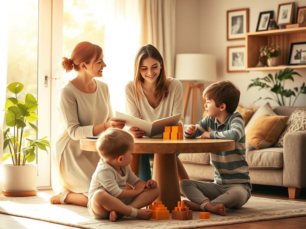 familia feliz en sala calida risas amor luz dorada union y paz
