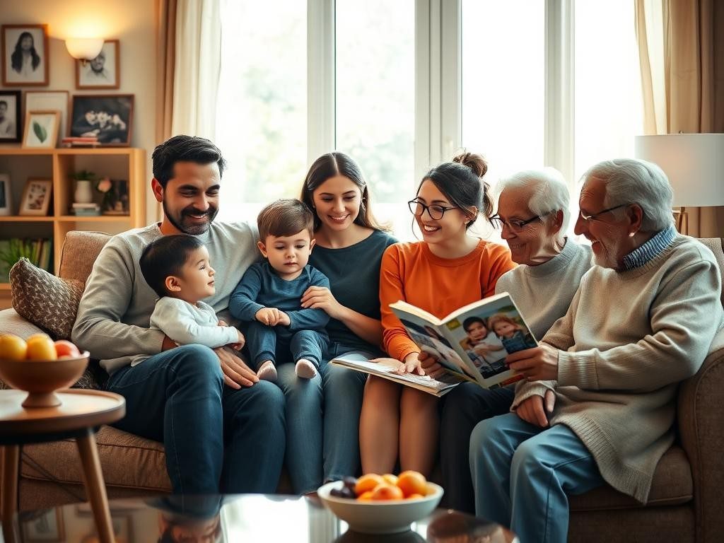 familia unida en sala calida luz suave amor conexion y armonia