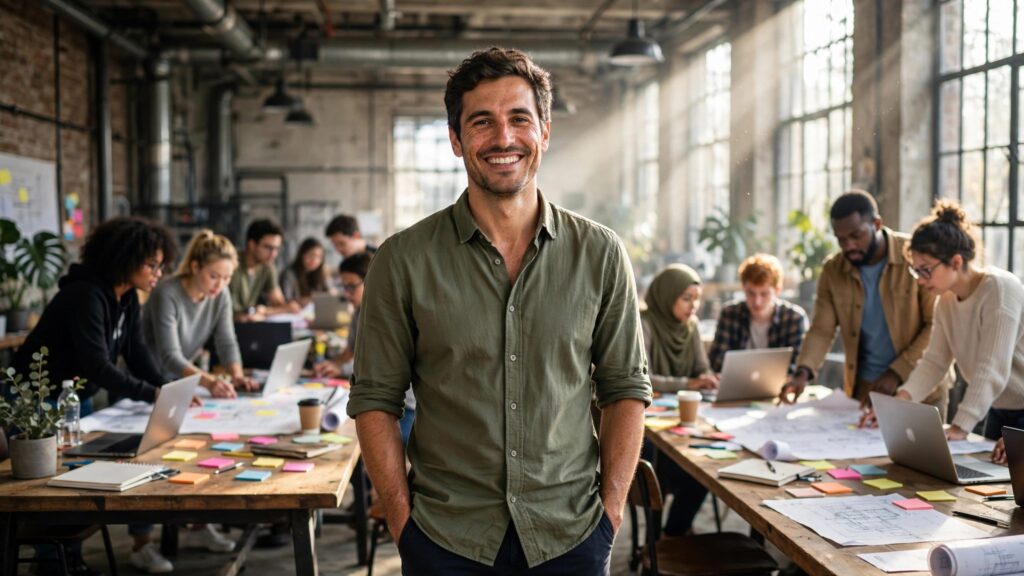 fundador sonriente en oficina amplia con equipo de fondo