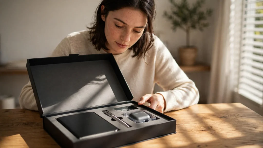 futuro empleado abriendo paquete de bienvenida en casa iluminada
