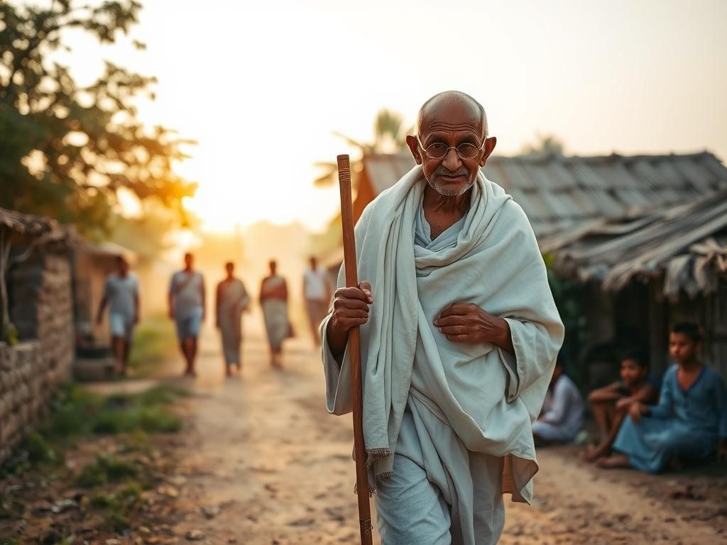 gandhi camina con calma por un sendero polvoriento al amanecer rodeado de humildad