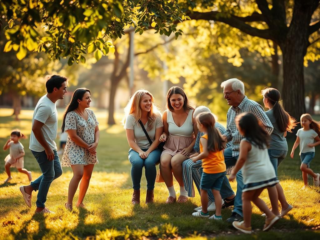 gente sonriente en parque soleado compartiendo momentos de alegria y conexion