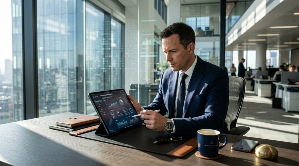 gerente analizando datos en tableta desde oficina iluminada