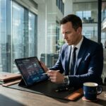 gerente analizando datos en tableta desde oficina iluminada