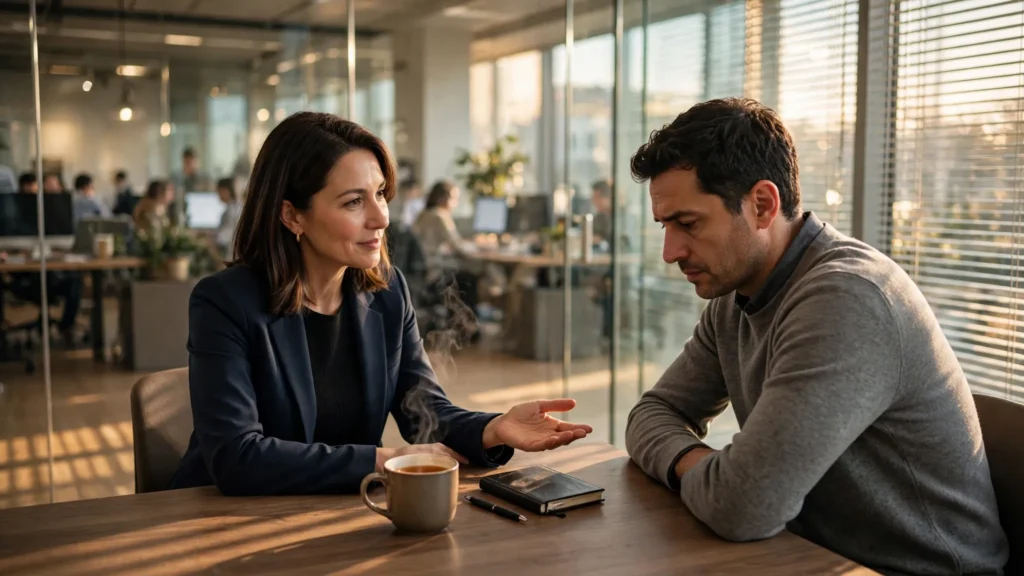 gerente conversa amablemente con empleado en oficina iluminada