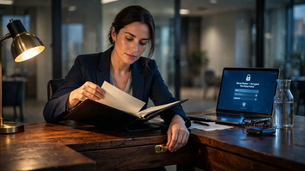 gerente de personal guardando documento confidencial en oficina privada