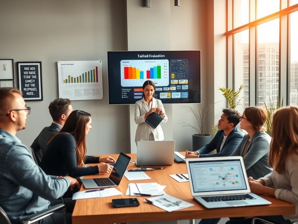 gerente de rrhh analiza graficos en oficina moderna con equipo diverso
