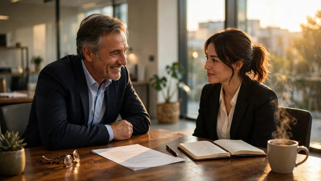 gerente y empleado conversando amablemente en escritorio de oficina