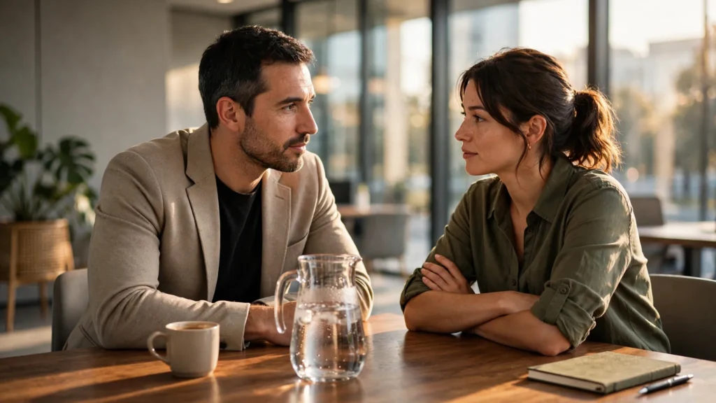 gerente y empleado dialogando en una sala luminosa