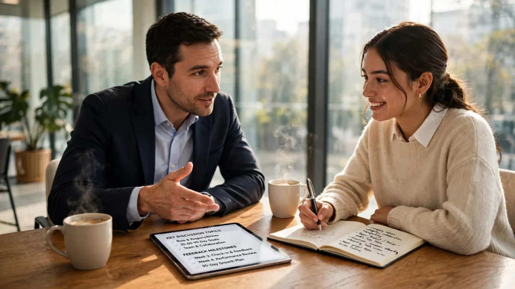 gerente y empleado reunidos en una oficina iluminada