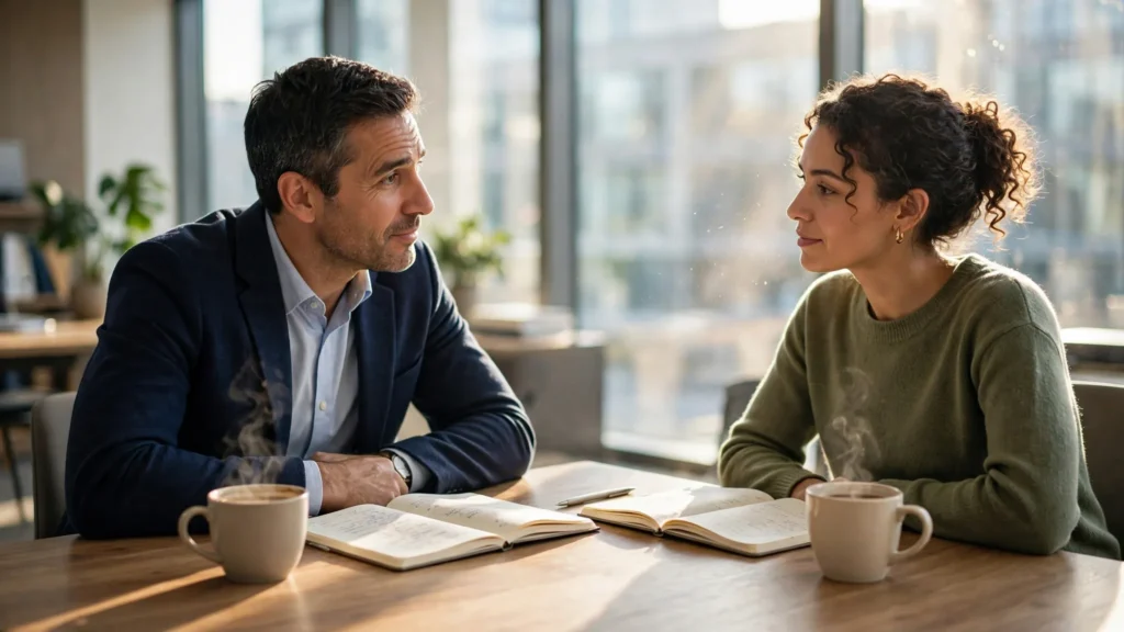 gerente y trabajador dialogando en una oficina luminosa