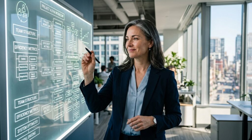 gestora profesional trazando diagramas en cristal iluminado de oficina