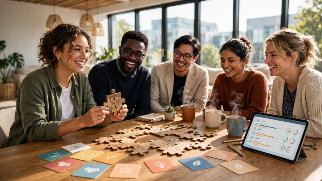 grupo de colaboradores participando en juego de integracion laboral