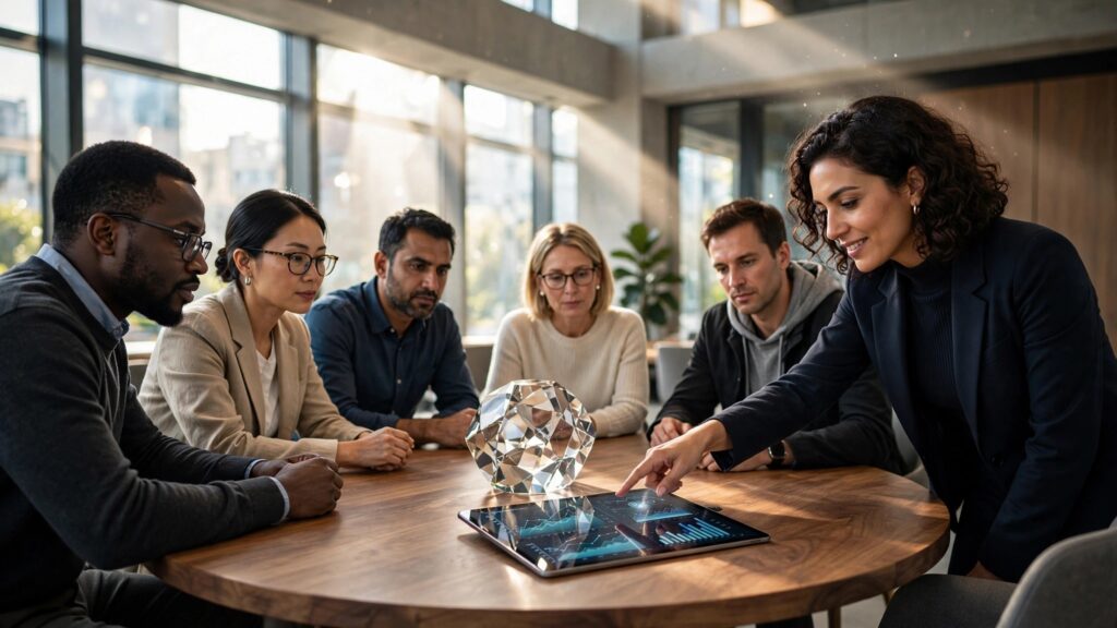 grupo de profesionales colaborando en una mesa circular iluminada