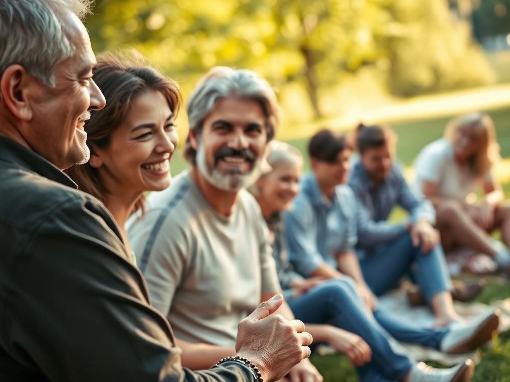grupo diverso compartiendo momentos autenticos en un parque con luz dorada
