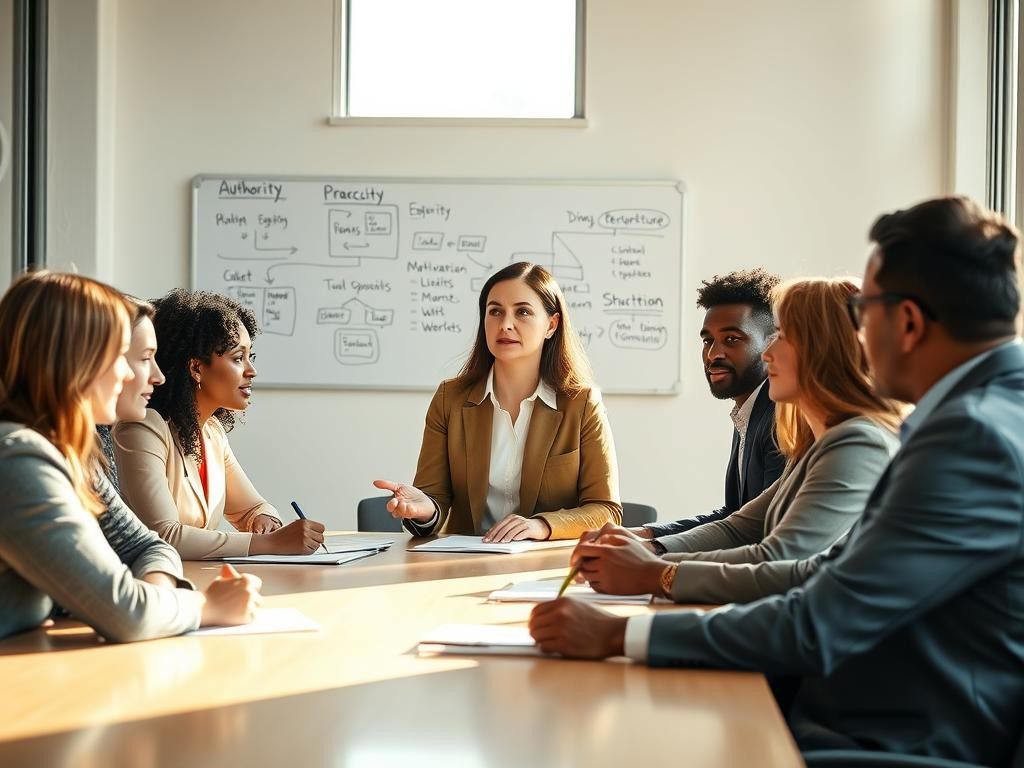 grupo diverso de lideres en una sala moderna iluminada y colaborativa