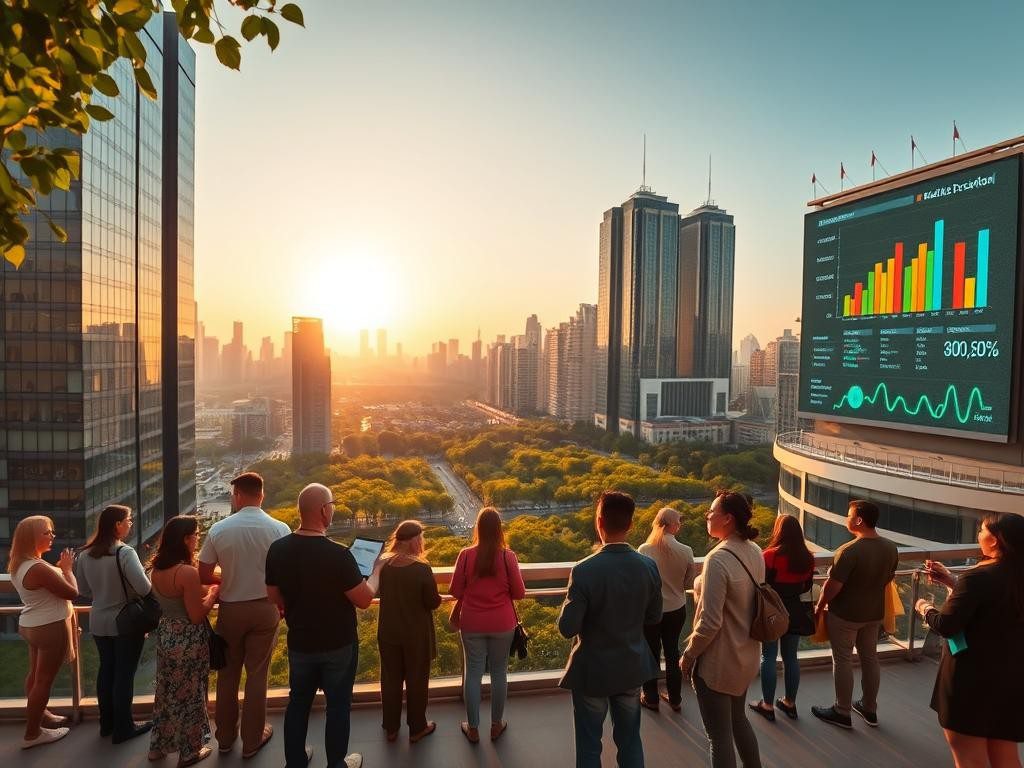 grupo diverso en balcon observando ciudad al amanecer con pantallas y graficos