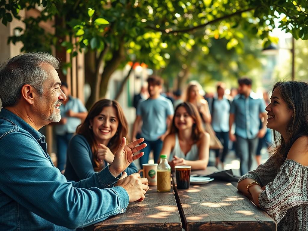 grupo diverso en cafe al aire libre sonrisas conversacion calida y natural