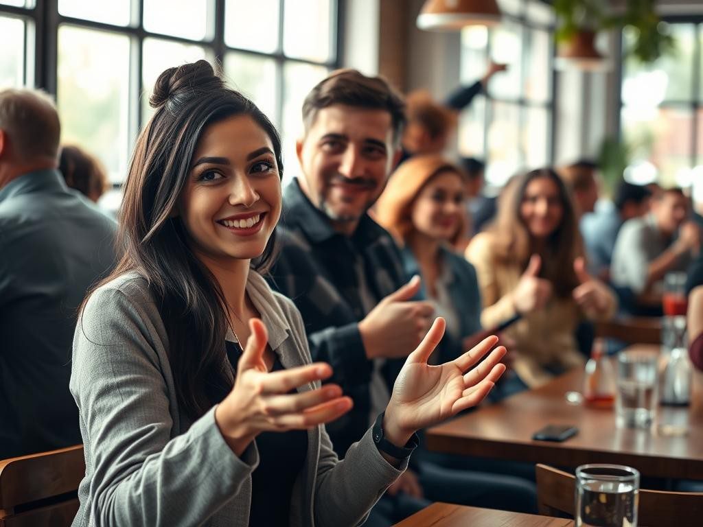 grupo diverso en cafe gestos expresivos luz calida y ambiente vibrante