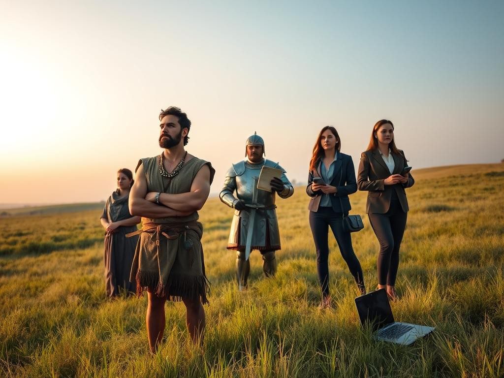 grupo diverso en campo desde lider antiguo hasta moderna en paisaje cambiante