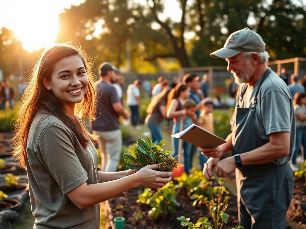 grupo diverso en jardin al atardecer compartiendo sembrando y sonriendo