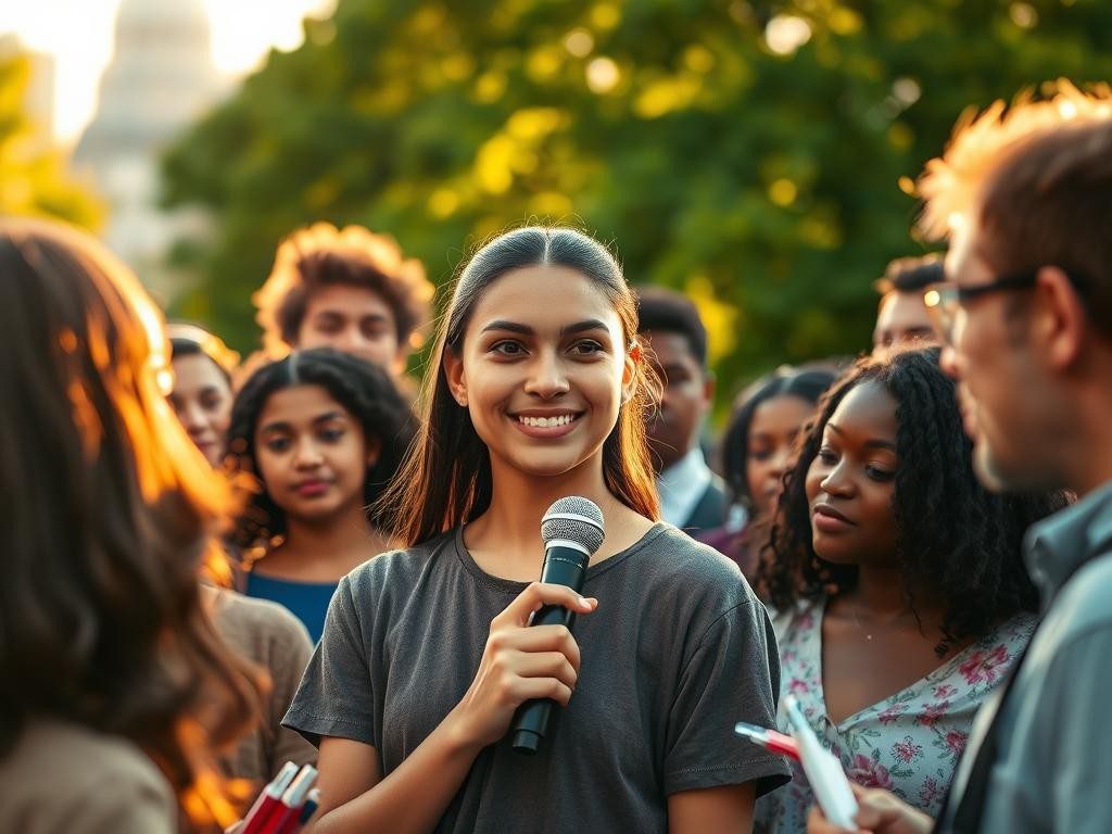 grupo diverso en la hora dorada una joven con microfono y sonrisa