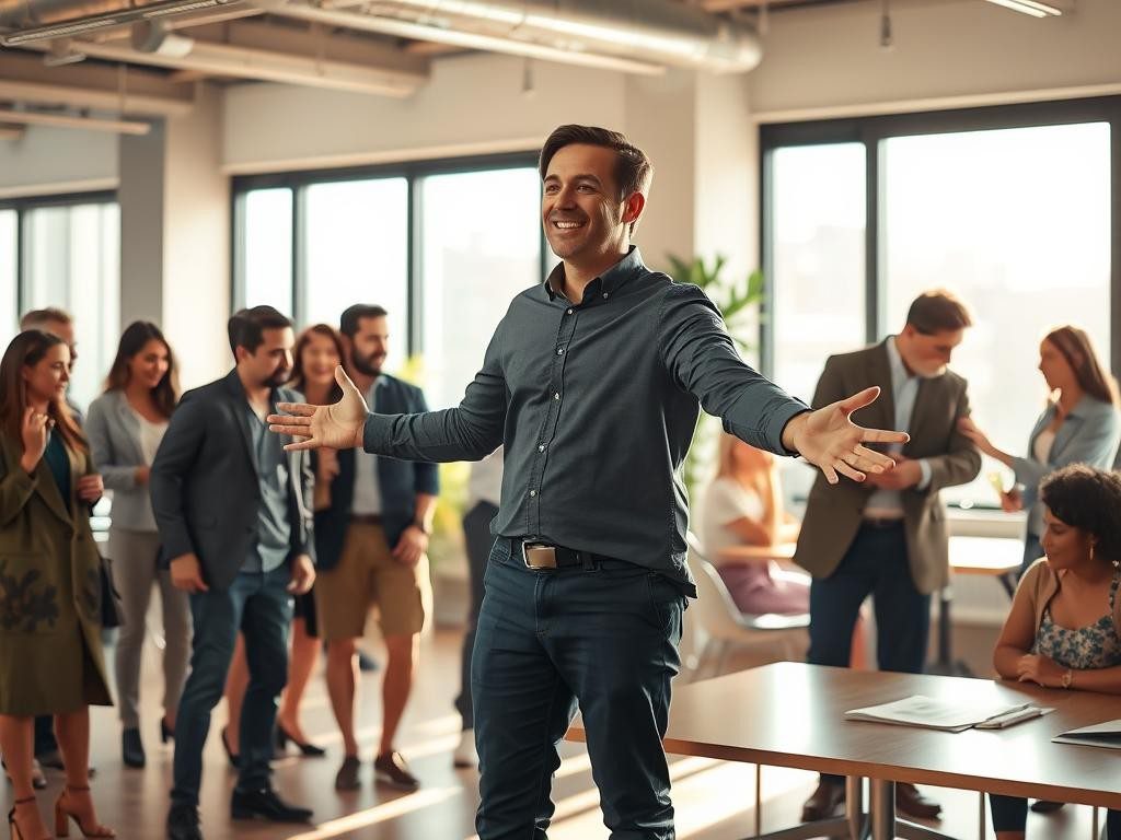grupo diverso en oficina moderna liderando con confianza y colaboracion