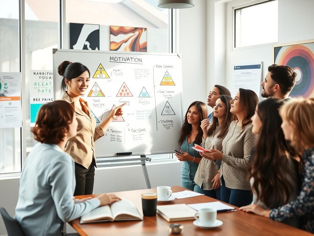 grupo diverso en oficina moderna mujer senala pizarra con teorias motivacionales