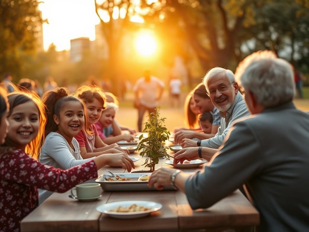 grupo diverso en parque al atardecer compartiendo comida y sembrando esperanza
