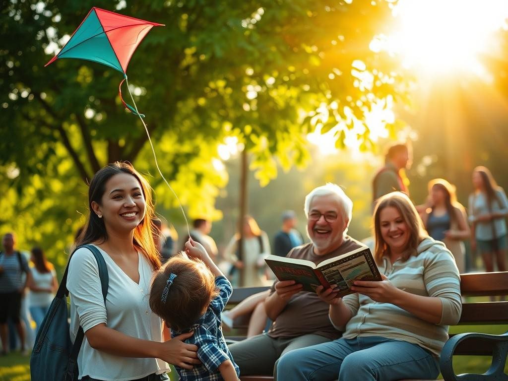 grupo diverso en parque al atardecer riendo leyendo y jugando con cometas