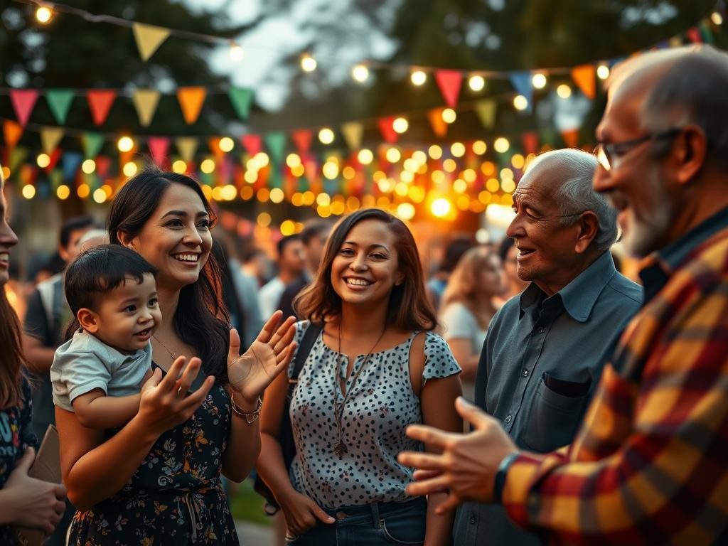 grupo diverso en parque al atardecer sonrisas risas y luces calidas