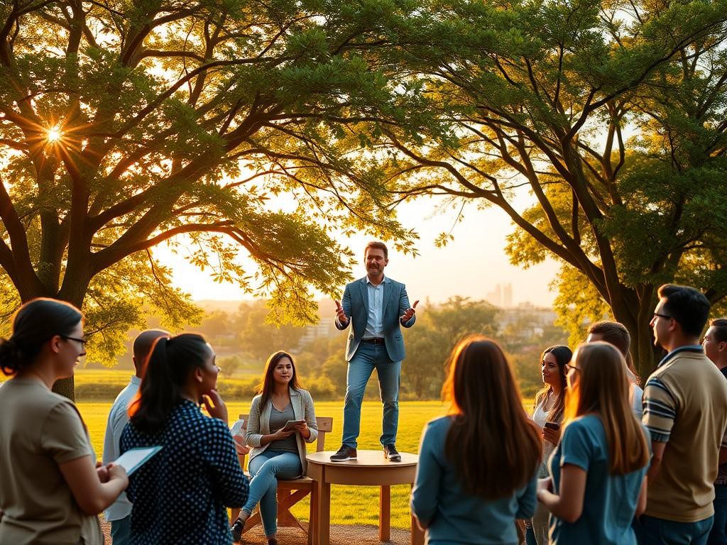 grupo diverso en parque lider en plataforma naturaleza y ciudad al fondo
