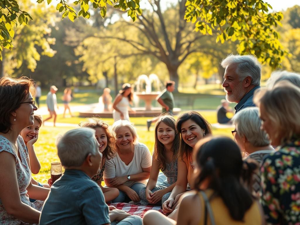 grupo diverso en parque soleado sonrisas apoyo y armonia en tarde calida