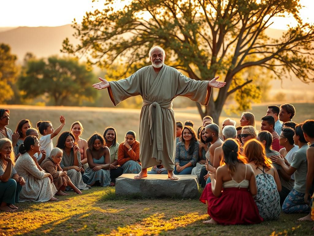 grupo diverso en un entorno natural con un lider humilde en actitud acogedora