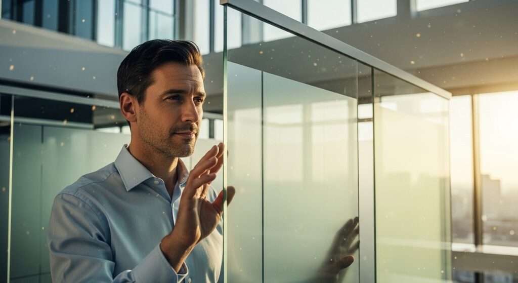 hombre analitico observa paneles de cristal en oficina iluminada