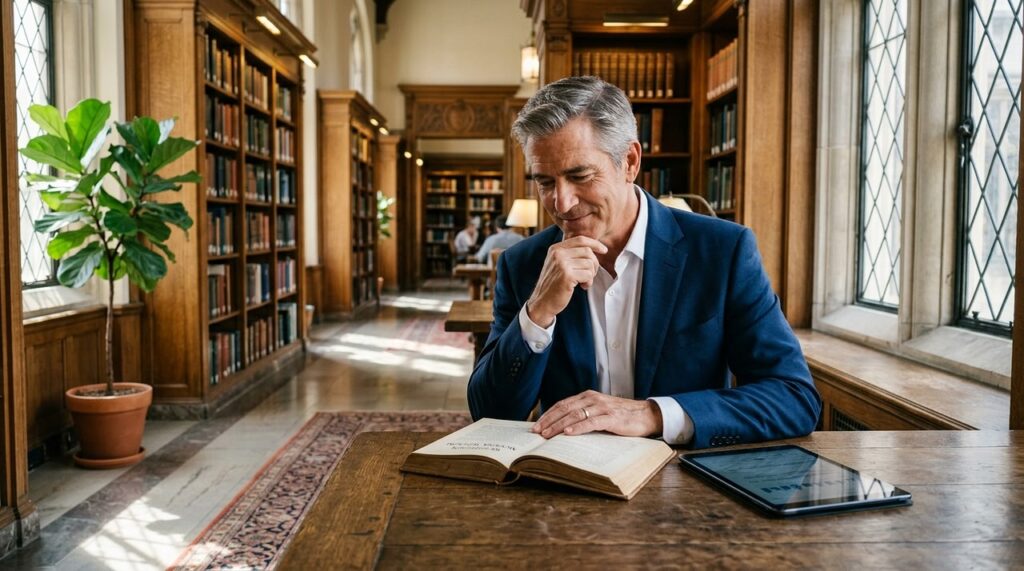 hombre canoso leyendo libro antiguo en biblioteca de lujo
