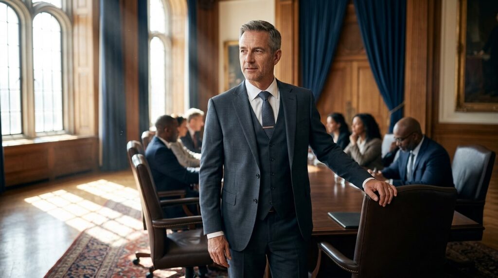 hombre con traje junto a mesa de juntas institucional