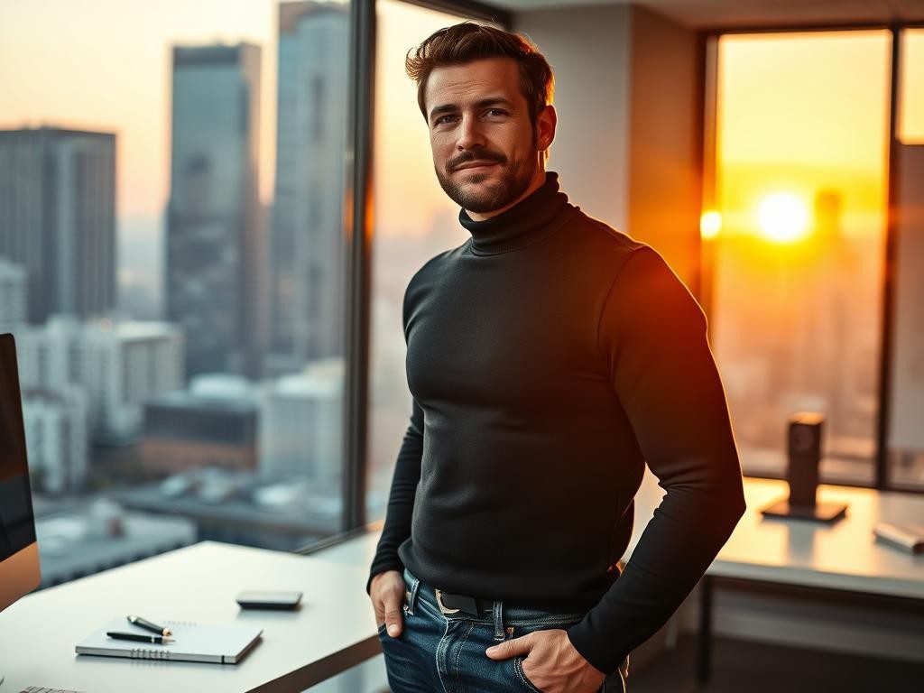 hombre confiado en oficina moderna vista ciudad al atardecer gadgets