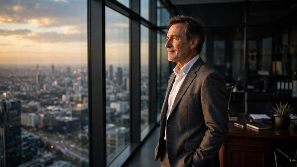 hombre de traje mirando la ciudad desde una ventana
