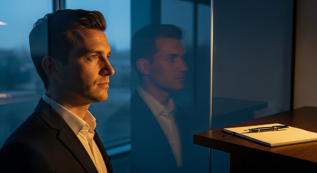 hombre decidido mira el horizonte en estudio al amanecer