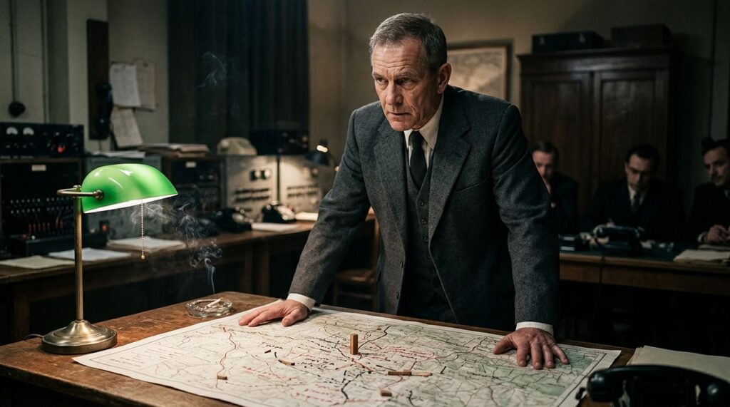 hombre decidido observa mapa en sala de control estrategica