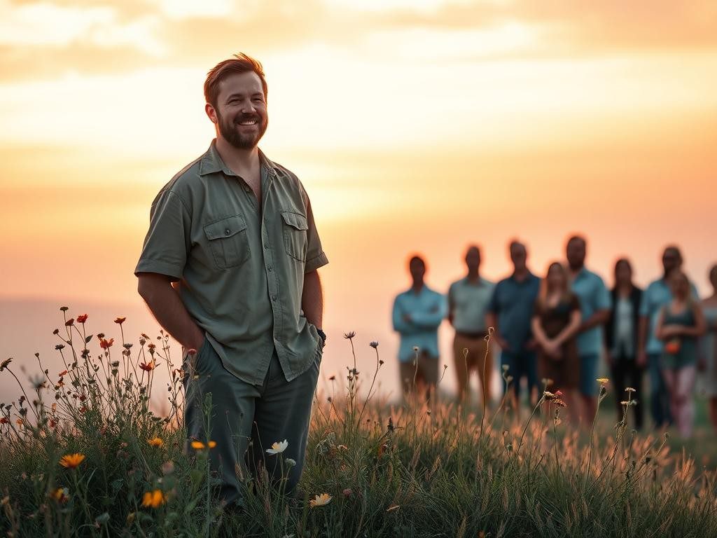 hombre en colina al amanecer rodeado de flores mirada serena y confiada