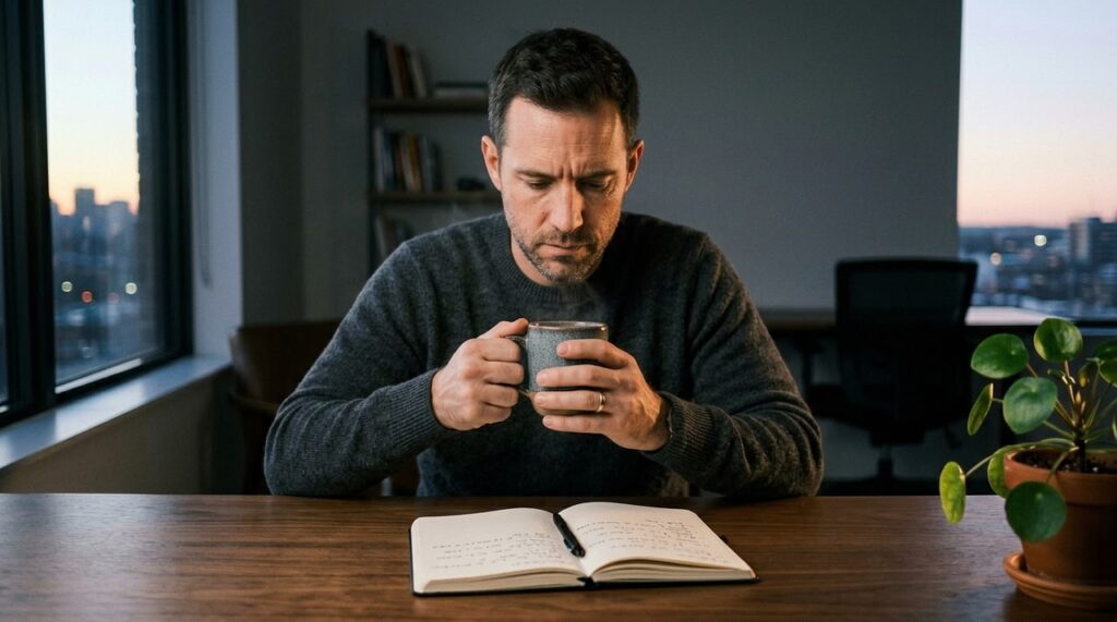hombre examina mecanismo desarmado sobre mesa de marmol