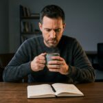 hombre examina mecanismo desarmado sobre mesa de marmol