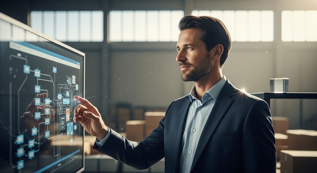 hombre experto en terminal de cristal analizando flujos operativos