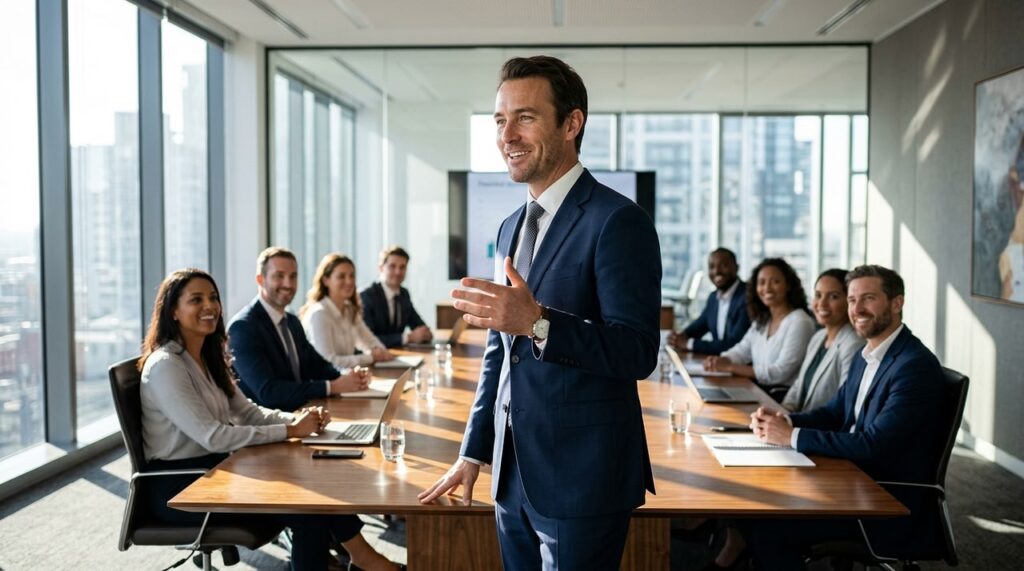hombre gesticula y expone ideas en sala corporativa
