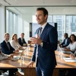 hombre gesticula y expone ideas en sala corporativa