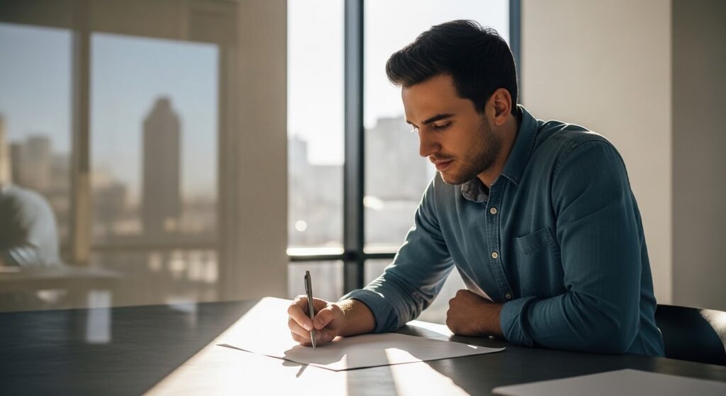 hombre joven concentrado escribe en escritorio bajo luz solar